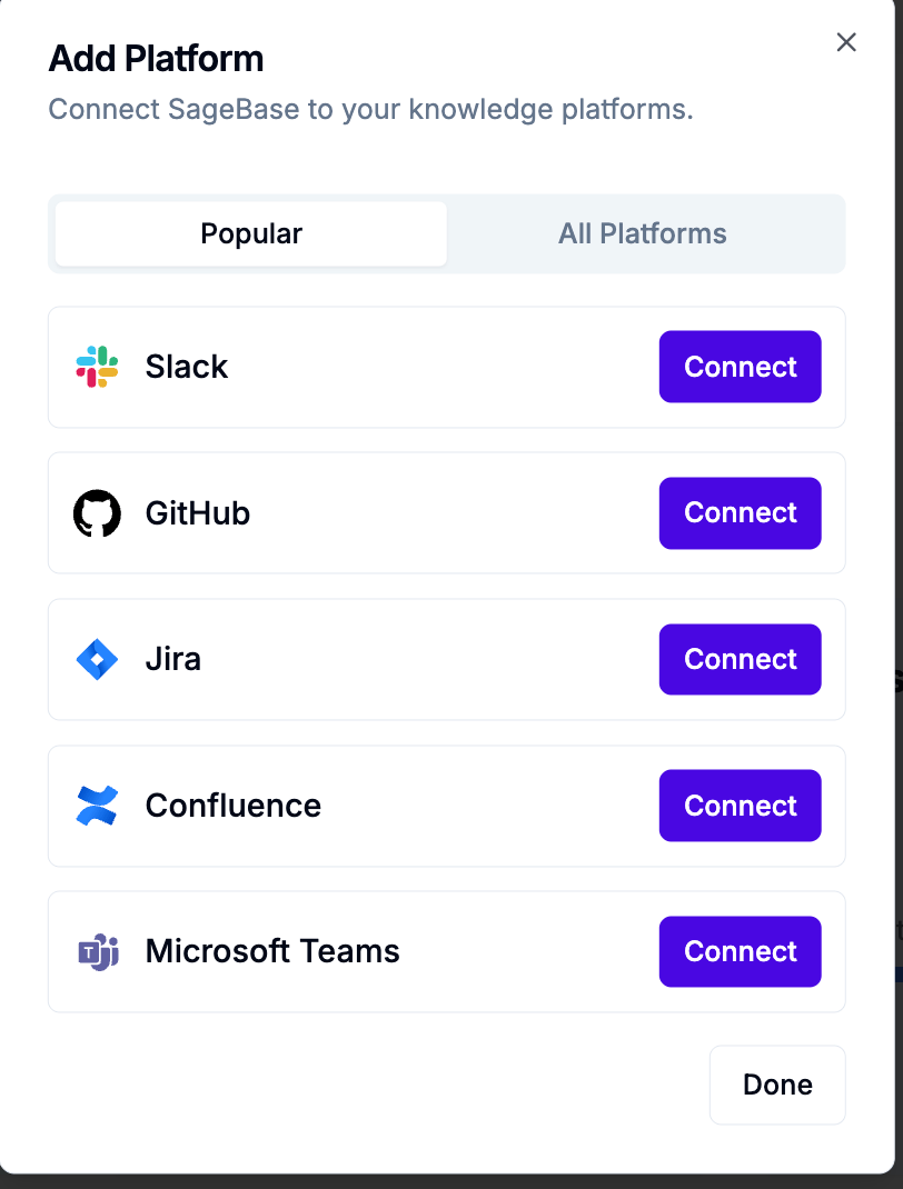Connect your Platforms dialog