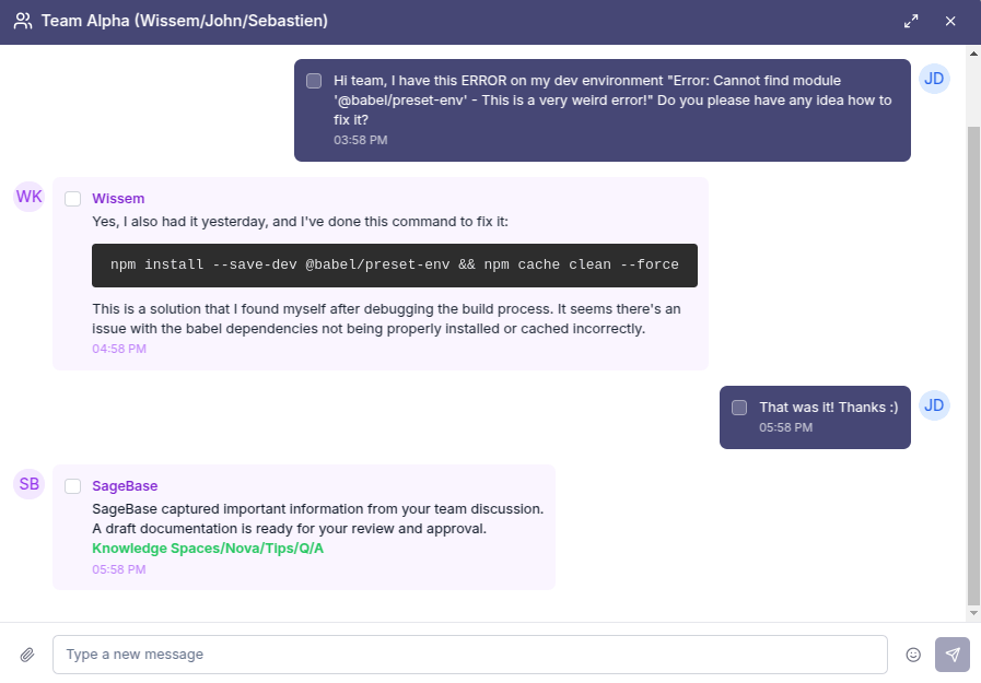 Teams chat showing automatic knowledge capture